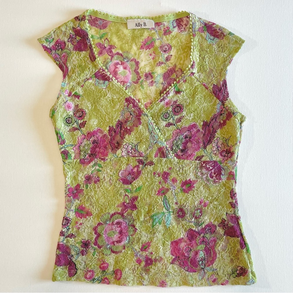 Y2K Lime Green Lace Blouse with Fuchsia Floral Print